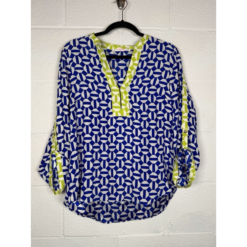 Alice + Trixie Silk Blouse Small Blue Geometric Print Lime Trim Preppy Luxe